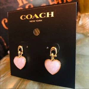 Coach Rose Pink Quartz Heart Dangle Stud Earrings Gold Tone NWT